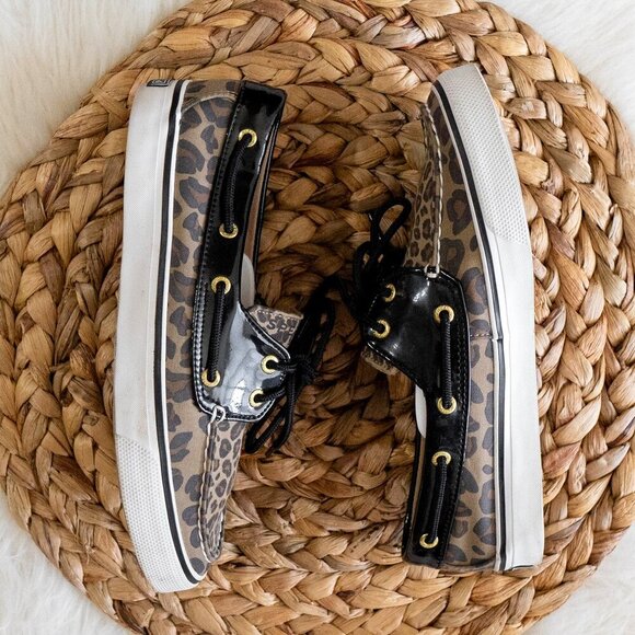 SPERRY BISCAYNE TOPSIDERS SZ 7 LEOPARD BLACK PATENT TOPSIDER FLAT LOAFER LACE UP - Picture 5 of 7